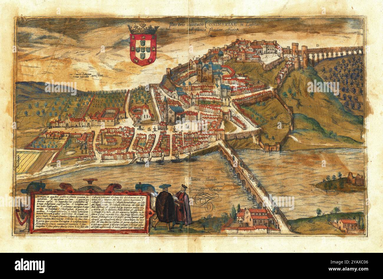 Jahr 1598 Coimbra Portugal Vintage Karte mit Pastellfarben goldene Bronze großes altes Retro historische Dekoration Reiseposter, Geschichte Stockfoto