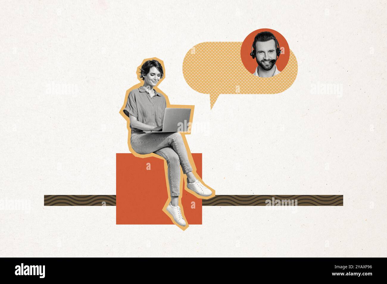 Composite Trend Artwork Skizze Collage von Kopfhörern Unterstützung Online Hilfe Call Center Service Mann junge Dame Kundenarbeit Laptop Chatten Stockfoto