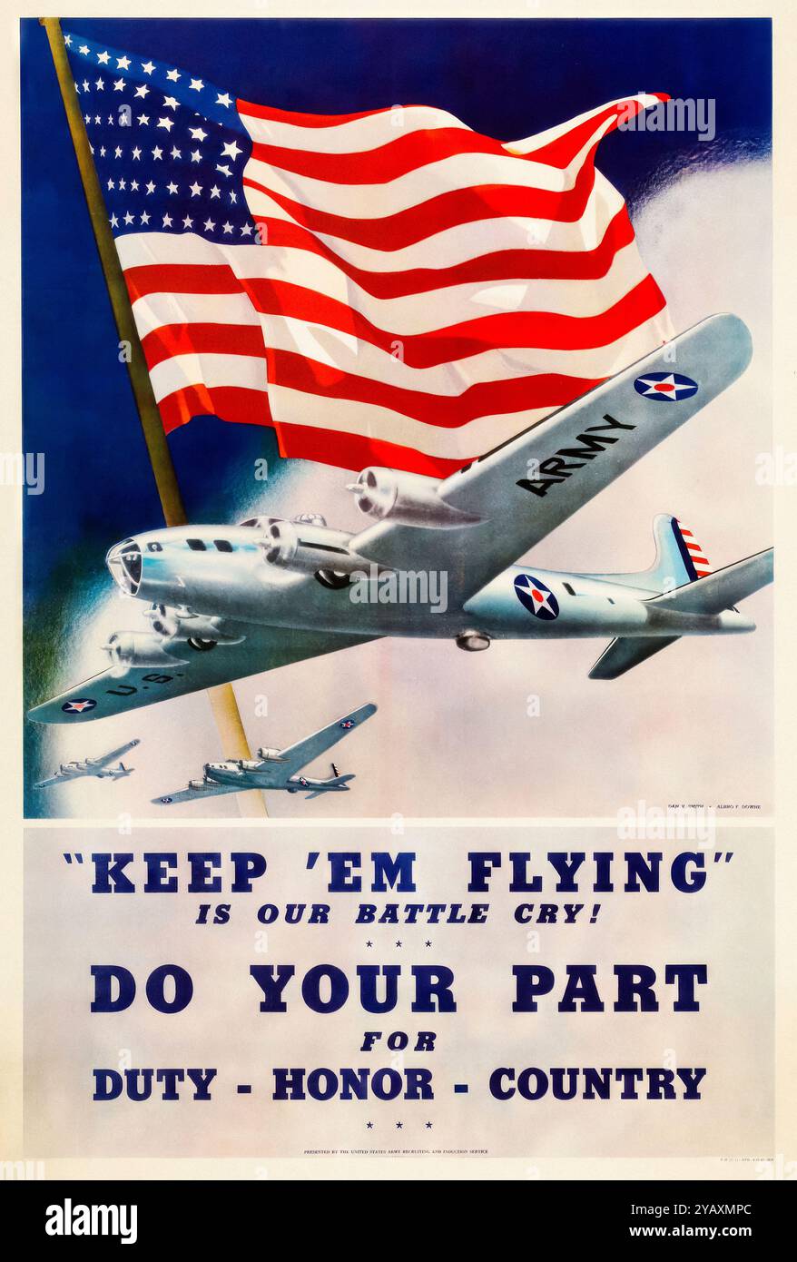American, US, WW2, Recruitment Poster, United States Army Air Forces (USAAF oder AAF), Keep 'EM Flying is our Battle Cry, Do Your Part for Duty - Honor - Country von Albro F Downe, Dan V Smith, 1942-1945 Stockfoto