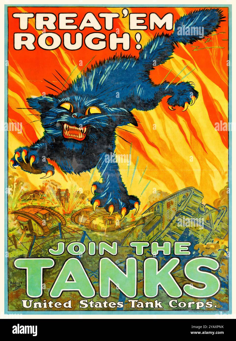 Treat ‘em Rough!, Join the Tanks, United States Tank Corps, American, US, WW1, Rekrutierungsplakat von August William Hutaf, 1917-1919 Stockfoto