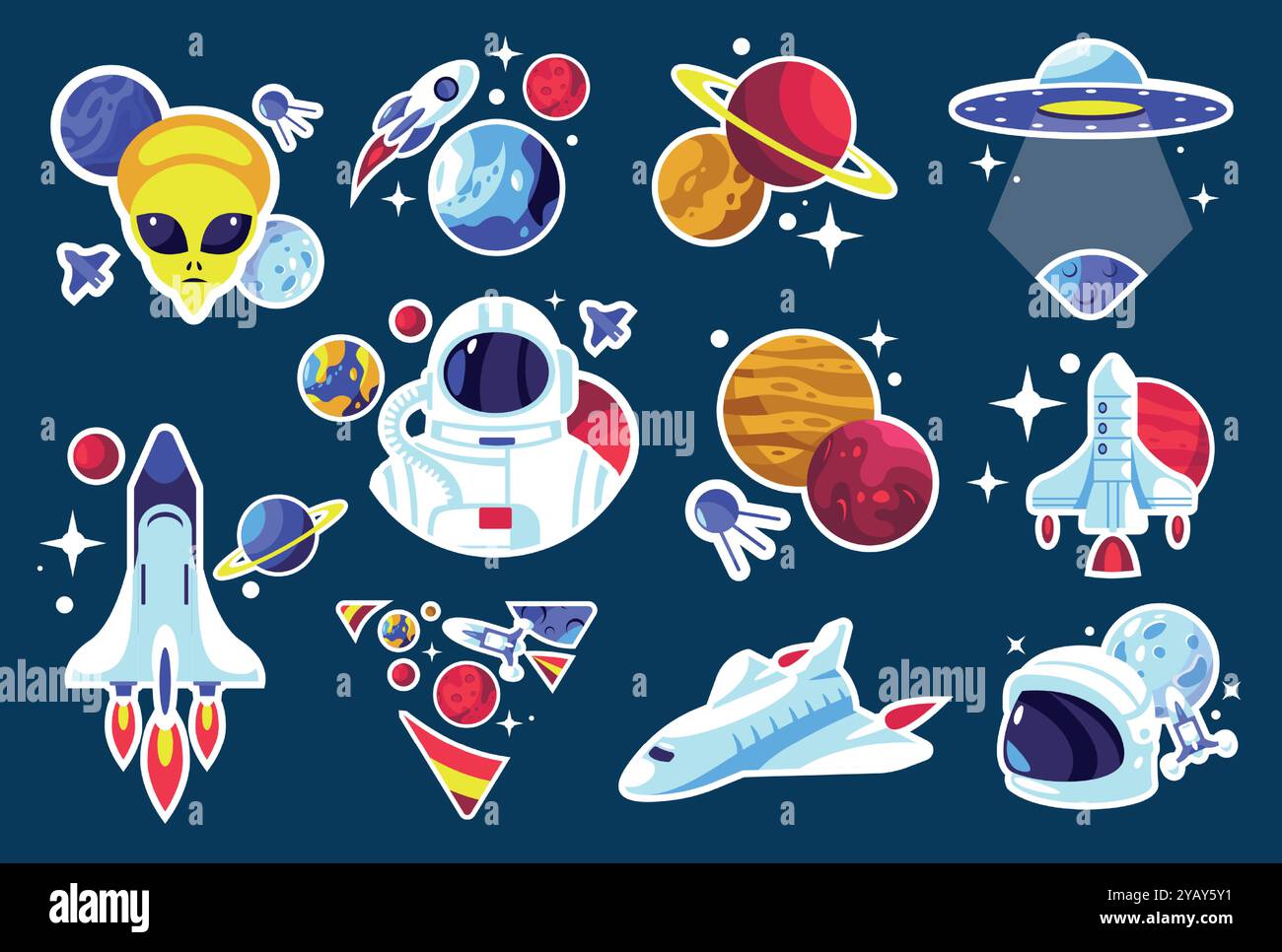 Platzaufkleber. Cartoon-Astronaut und Kosmonaut im Weltraumanzug mit Raketen- und Satelliten-, Kosmos- und Galaxienelementen. Vektor-isolierter Satz Stock Vektor
