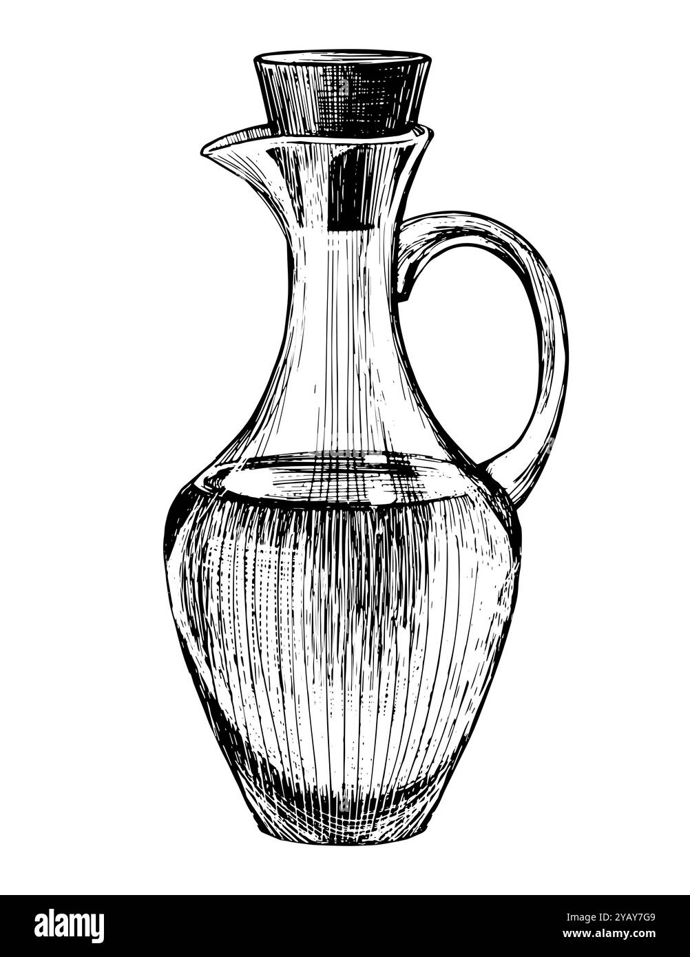 Glasflasche mit Auslauf, Kork und Griff. Krug mit Öl, Hexentrank, Vintage Hand gezeichnete Illustration, Vektorskizze isoliert auf weißem Hintergrund Stock Vektor