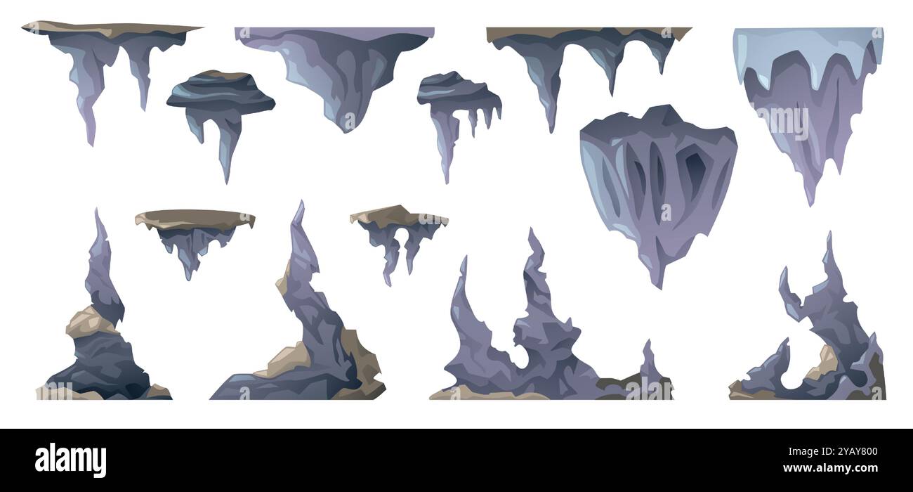 Zeichentrickstalaktit. Geologische unterirdische Bildung von Kalkstein, vulkanische Höhle mit Stalagmiten und Stalaktiten flach. Vektor-isolierter Satz Stock Vektor
