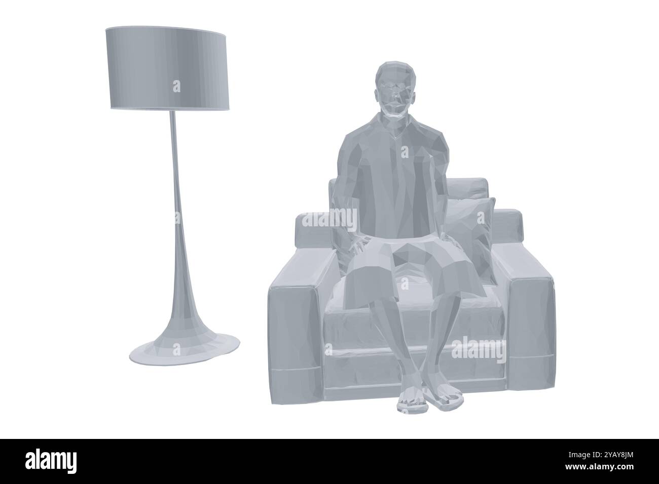 Polygonales Modell eines Mannes in Shorts, der auf einem Stuhl neben einem Bücherregal mit Büchern sitzt. Vektorabbildung. 3D Stock Vektor