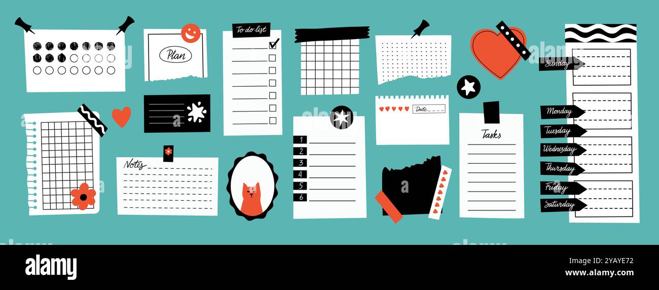 Checkliste Papiersammlung. Leere Notizseiten mit To-do-Liste, Stickervorlagen für Tagesplaner, Checkmark Board für Organisator. Vektor isoliert Stock Vektor