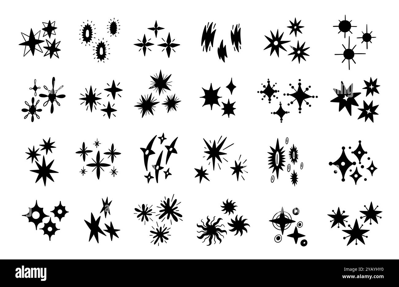 Schwarzes Glitzersternsymbol. Schlichte, glitzernde Silhouetten mit glänzenden Elementen des Nachthimmels, abstrakte, funkelnde Bannerdekorationen mit Doodle. Vektor-isolierter Satz Stock Vektor