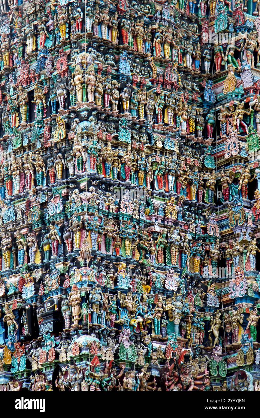 Indien, Tamil Nadu, Madurai, Meenakshi Tempel, Gopuram Details Stockfoto