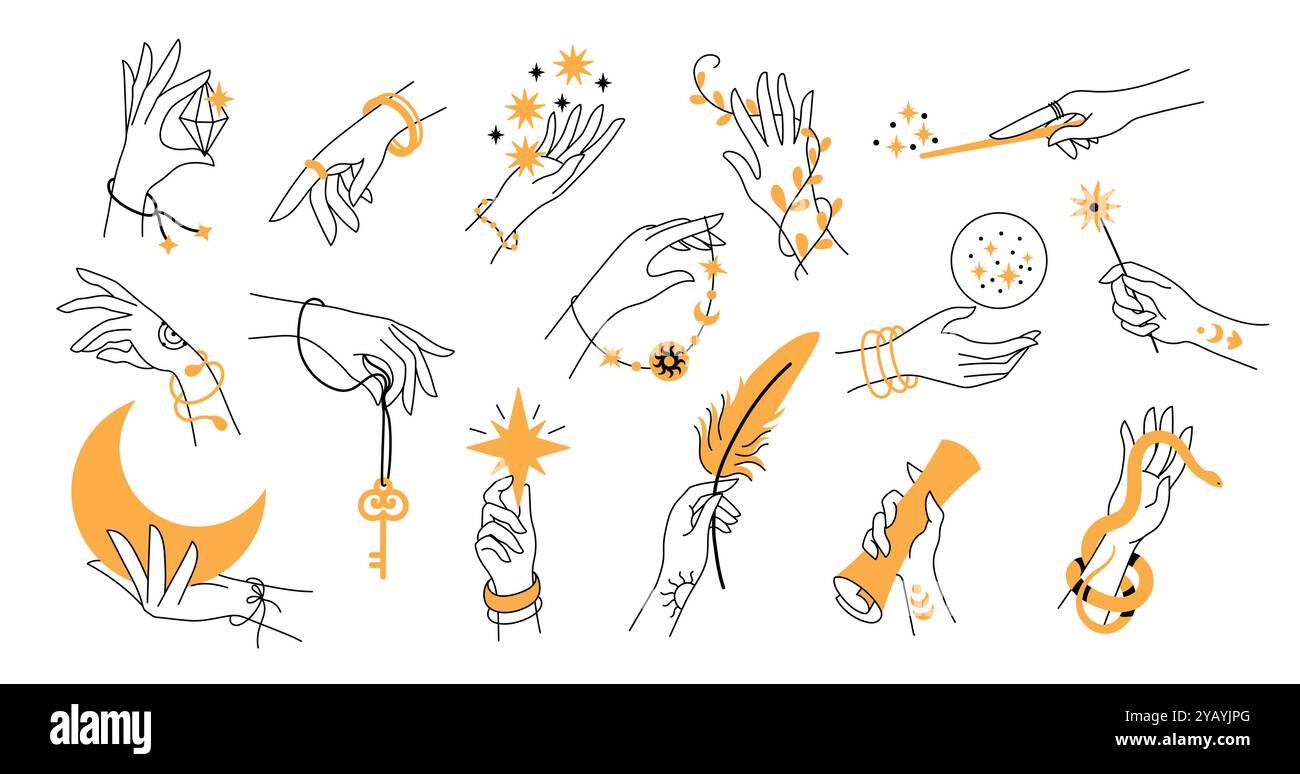 Mystische Boho-Hände. Elegante Damenhand mit Schmuck, magischen esoterischen Symbolen und zartem, floralem Tattoo-Boho-Design. Vektorsatz Stock Vektor