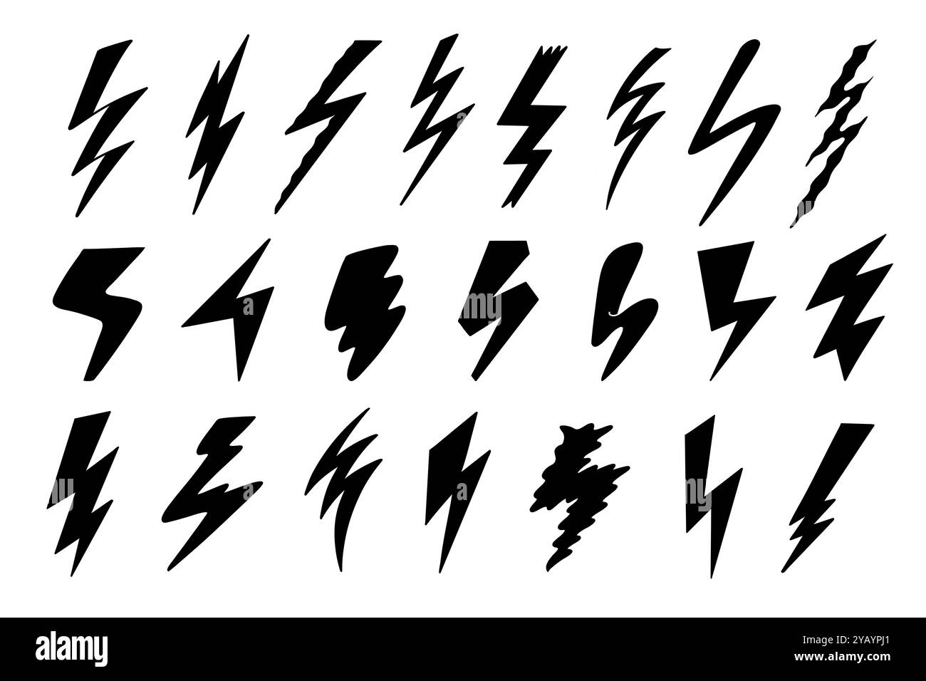 Blitz-Silhouette. Schwarze Schilder für elektrischen Schlag und Energie, Blitz-Pfeil und handgezeichnete Blitz-Skizze im Retro-Stil. Vektor-isolierter Satz Stock Vektor