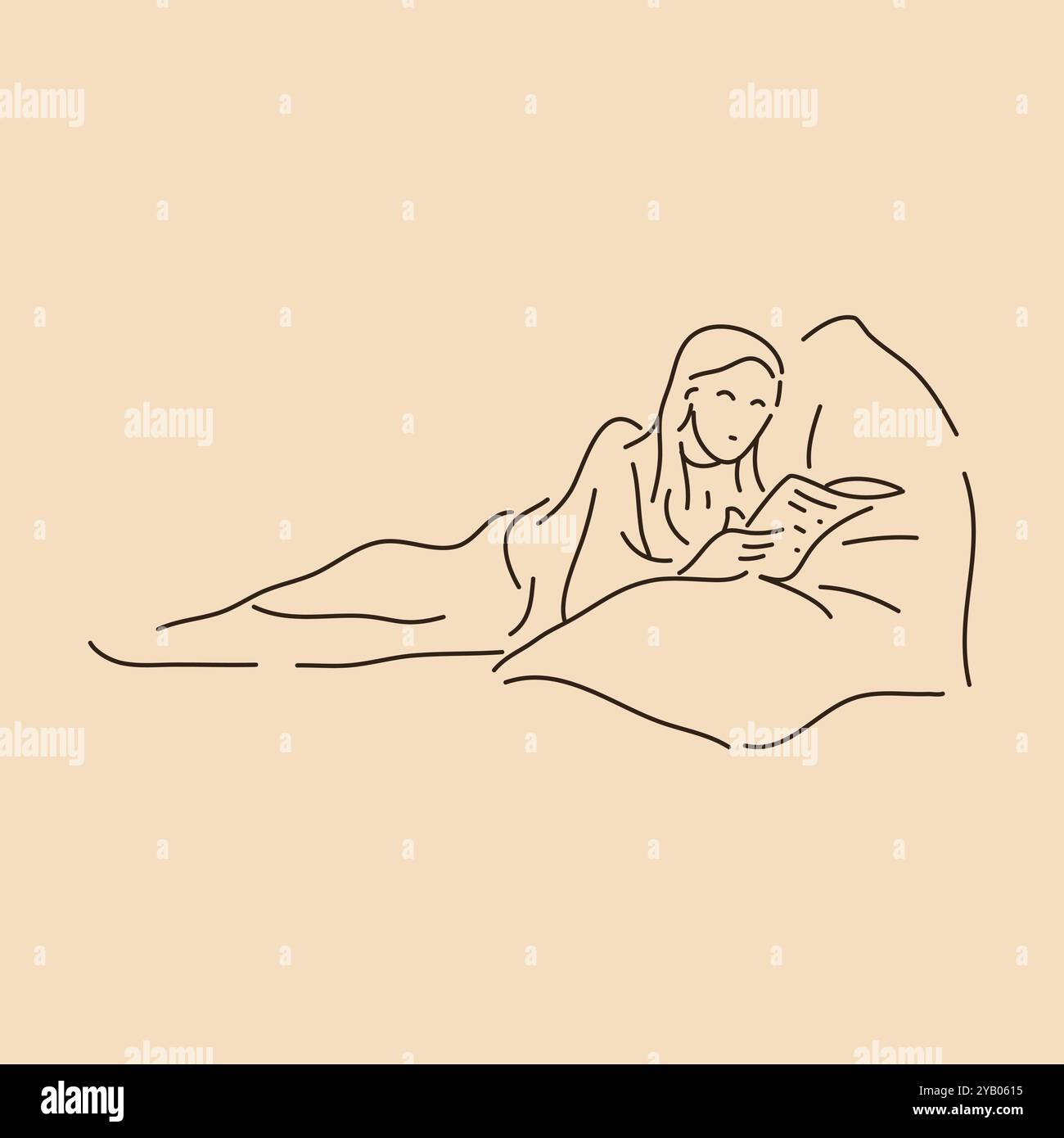Leserin liest Buch liegend. Zeichnung von Strichgrafiken. Vektorgrafik der Skizzenkontur Stock Vektor