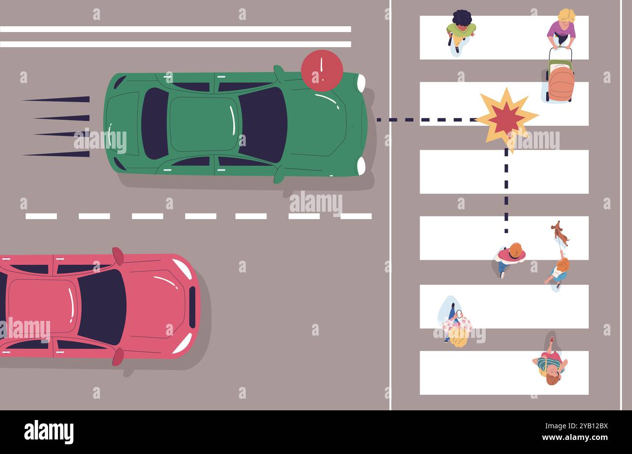 Crosswalk-Regeln Draufsicht. Fußgänger- und Automobilverkehr Richtung Regel, Sicherheitsfahrt Kreuzung Straße, Fahrspur Transport Fahrzeug Bewegung Menschen gehen auf Zebra Vektor Illustration Original Kunstwerk Stock Vektor