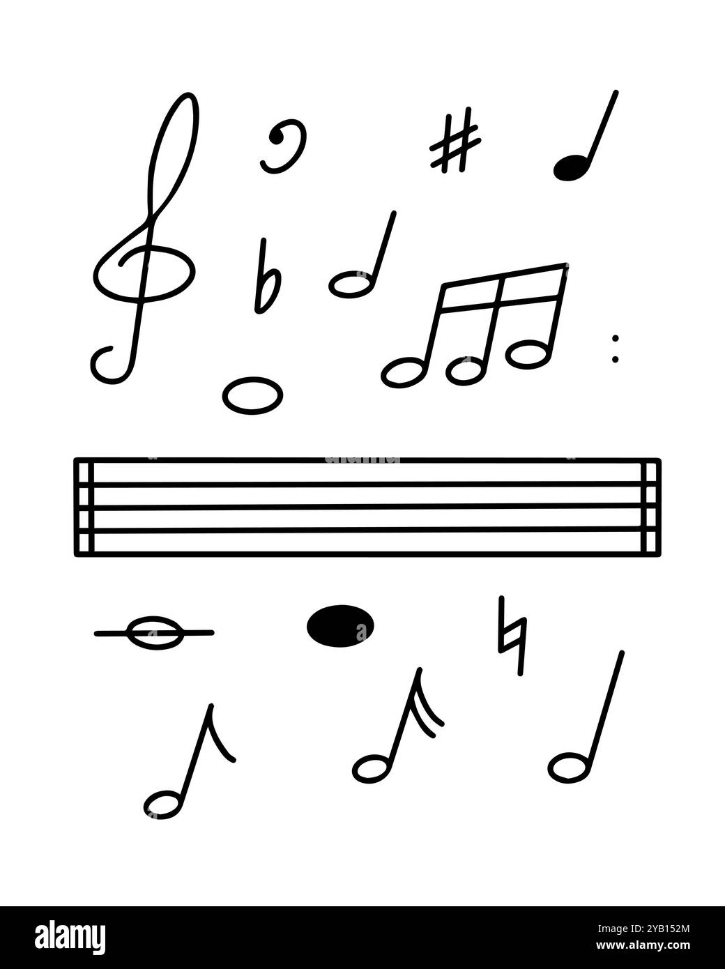 Eine Reihe von verschiedenen musikalischen Symbolen und Noten, die über einem leeren Notenstab angeordnet sind, was auf einen kreativen musikalischen Kompositionsvorgang hinweist Stock Vektor