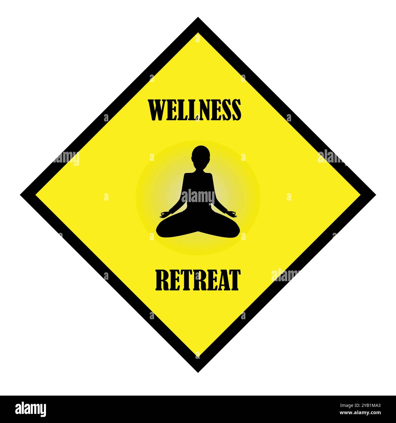 Gelber Aufkleber mit der Silhouette einer meditierenden Frau und dem Text Wellness Retreat Stock Vektor