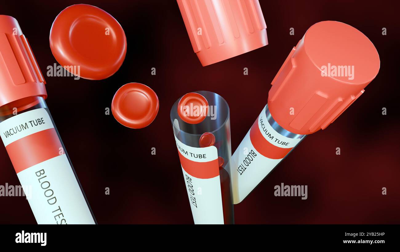 3D-Rendering biologischer Blutzellen, die um Blutentnahmeröhrchen mit rotem Verschluss schwimmen. Stockfoto