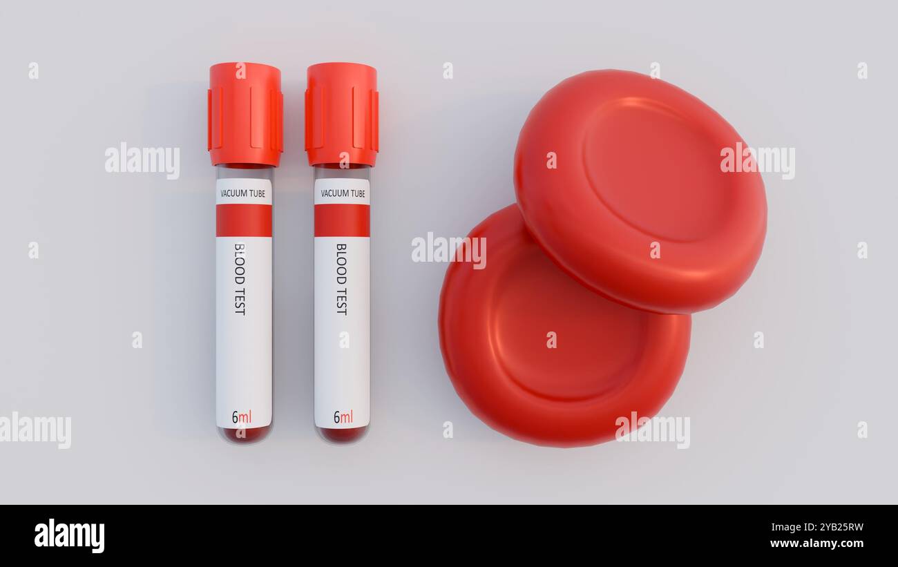 3D-Rendering biologischer Blutzellen, die um Blutentnahmeröhrchen mit rotem Verschluss schwimmen. Stockfoto