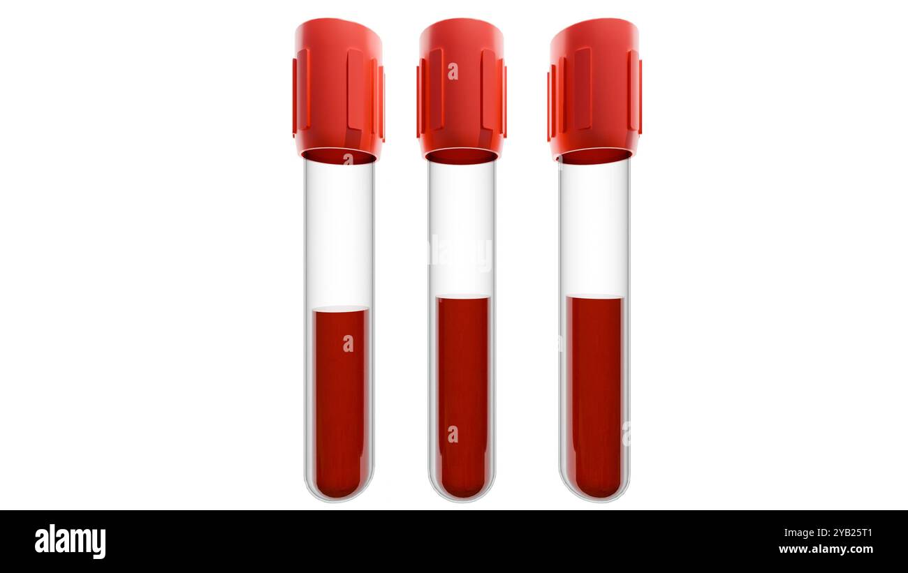 3D-Rendering von Blutentnahmeröhrchen mit rotem Verschluss. Die Röhrchen sind mit „BLUTTEST“ und „6 ml“ gekennzeichnet. Die Röhrchen sind mit einer roten Flüssigkeit gefüllt, vermutlich bl Stockfoto