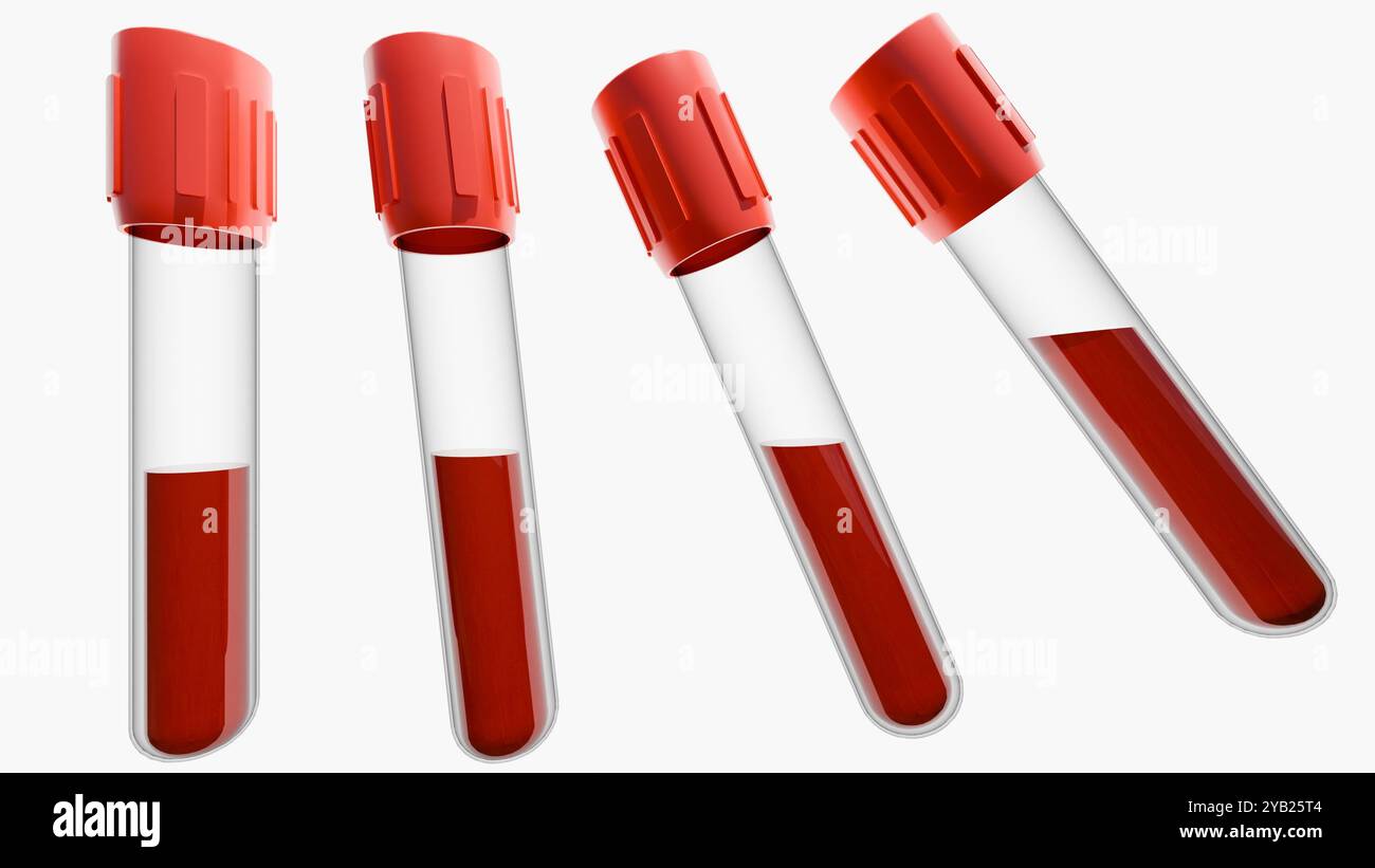 3D-Rendering von Blutentnahmeröhrchen mit rotem Verschluss. Die Röhrchen sind mit „BLUTTEST“ und „6 ml“ gekennzeichnet. Die Röhrchen sind mit einer roten Flüssigkeit gefüllt, vermutlich bl Stockfoto