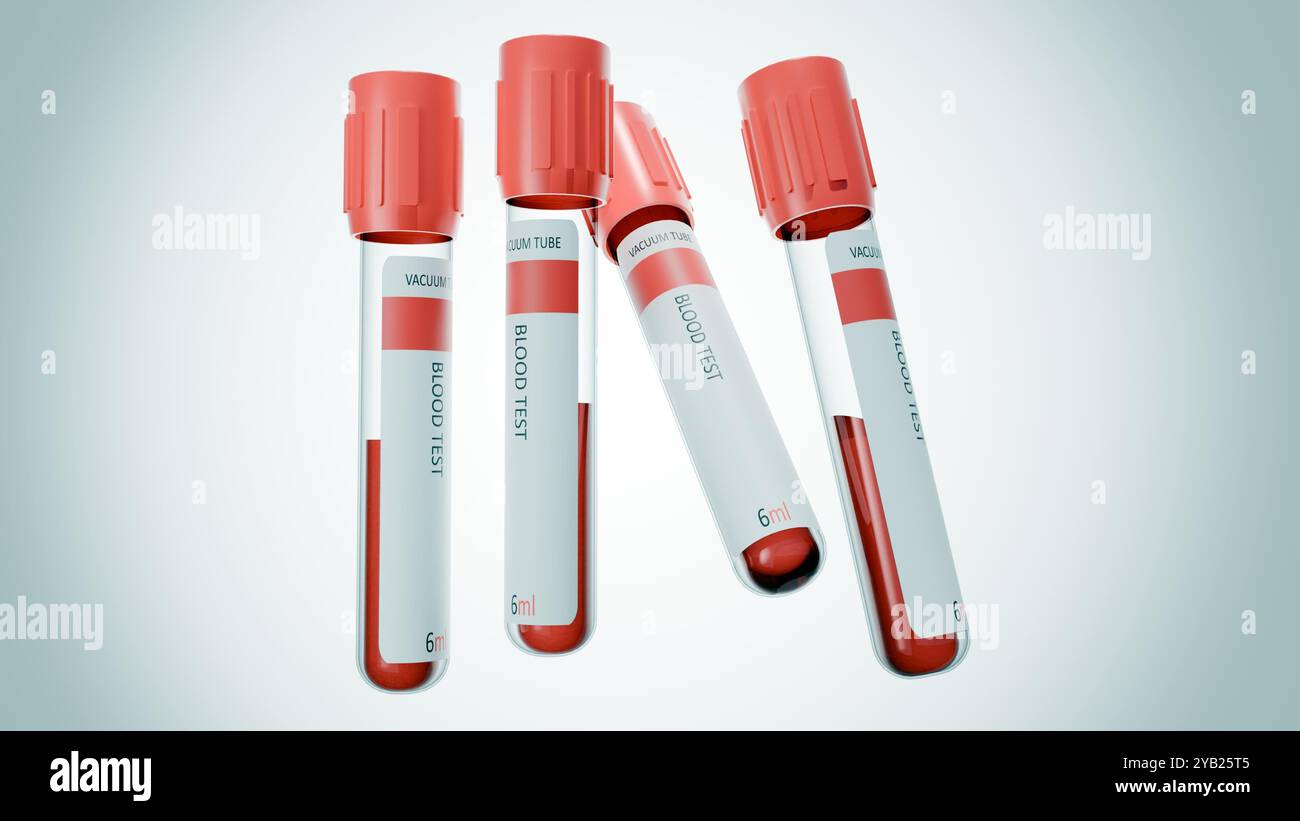 3D-Rendering von Blutentnahmeröhrchen mit rotem Verschluss. Die Röhrchen sind mit „BLUTTEST“ und „6 ml“ gekennzeichnet. Die Röhrchen sind mit einer roten Flüssigkeit gefüllt, vermutlich bl Stockfoto