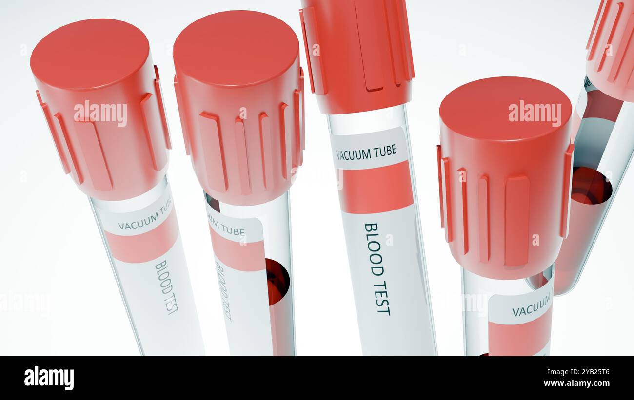 3D-Rendering von Blutentnahmeröhrchen mit rotem Verschluss. Die Röhrchen sind mit „BLUTTEST“ und „6 ml“ gekennzeichnet. Die Röhrchen sind mit einer roten Flüssigkeit gefüllt, vermutlich bl Stockfoto