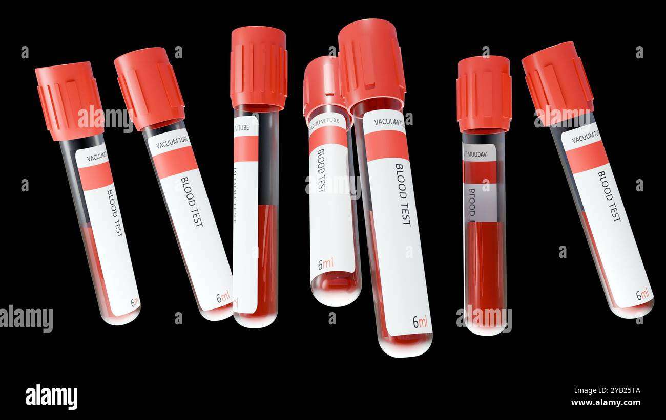 3D-Rendering von Blutentnahmeröhrchen mit rotem Verschluss. Die Röhrchen sind mit „BLUTTEST“ und „6 ml“ gekennzeichnet. Die Röhrchen sind mit einer roten Flüssigkeit gefüllt, vermutlich bl Stockfoto