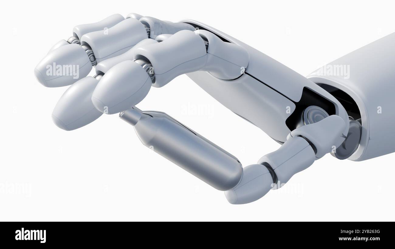 3D-Darstellung einer Cyborg-Hand und einer Whippets-Flasche isoliert im weißen Hintergrund Stockfoto