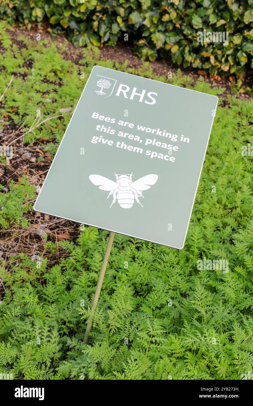 Ein Schild mit der Aufschrift „Bienen arbeiten in diesem Bereich, bitte geben Sie ihnen Platz“ im RHS Garden Bridgewater Gardens, Worsley, Greater Manchester, England, Großbritannien Stockfoto