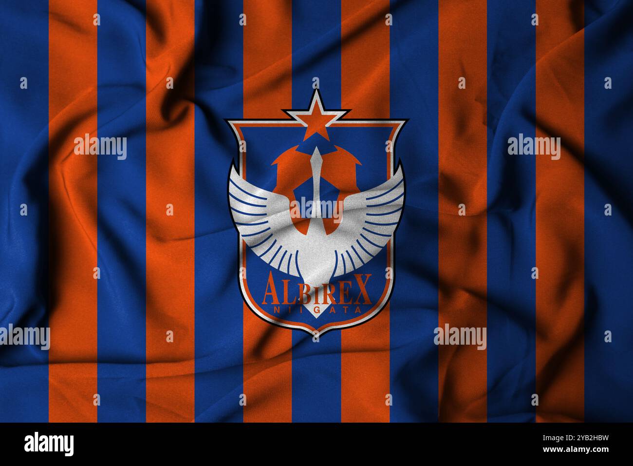 Pringsewu, Lampung; 17. Oktober 2024; Texturhintergrund des Selective Focus Fahnenlogos von Albirex Niigata Fußballverein der j1 League, 3D-Illustration Stockfoto