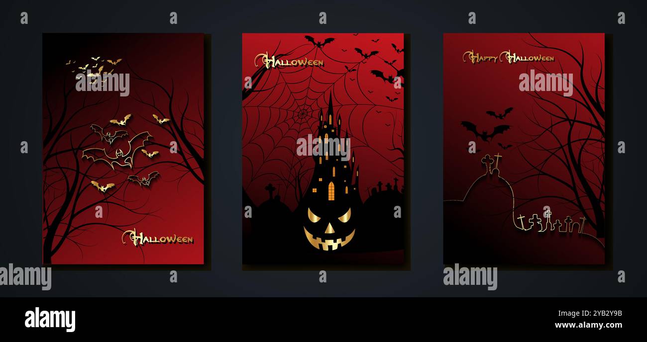 Halloween-Party, Set goldene Karten gruseliger dunkelroter Hintergrund, Silhouetten von Charakteren und gruseligen Fledermäusen, gotisches Spukschloss, Horror-Themenkonzept Stock Vektor