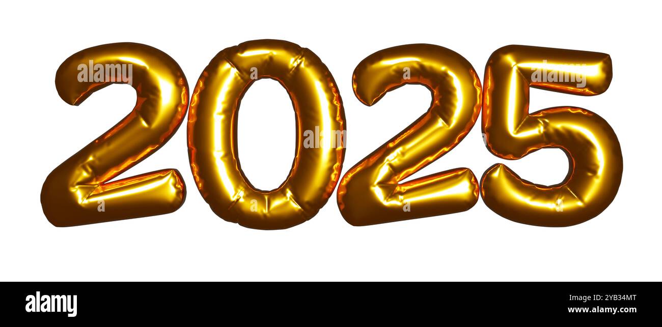 Goldene Ballons 2025 Neujahrstext isoliert auf weißem Hintergrund. Aufgeblähte Schriftzeichen für weihnachten, Neujahr und saisonale Feiertage. Stockfoto