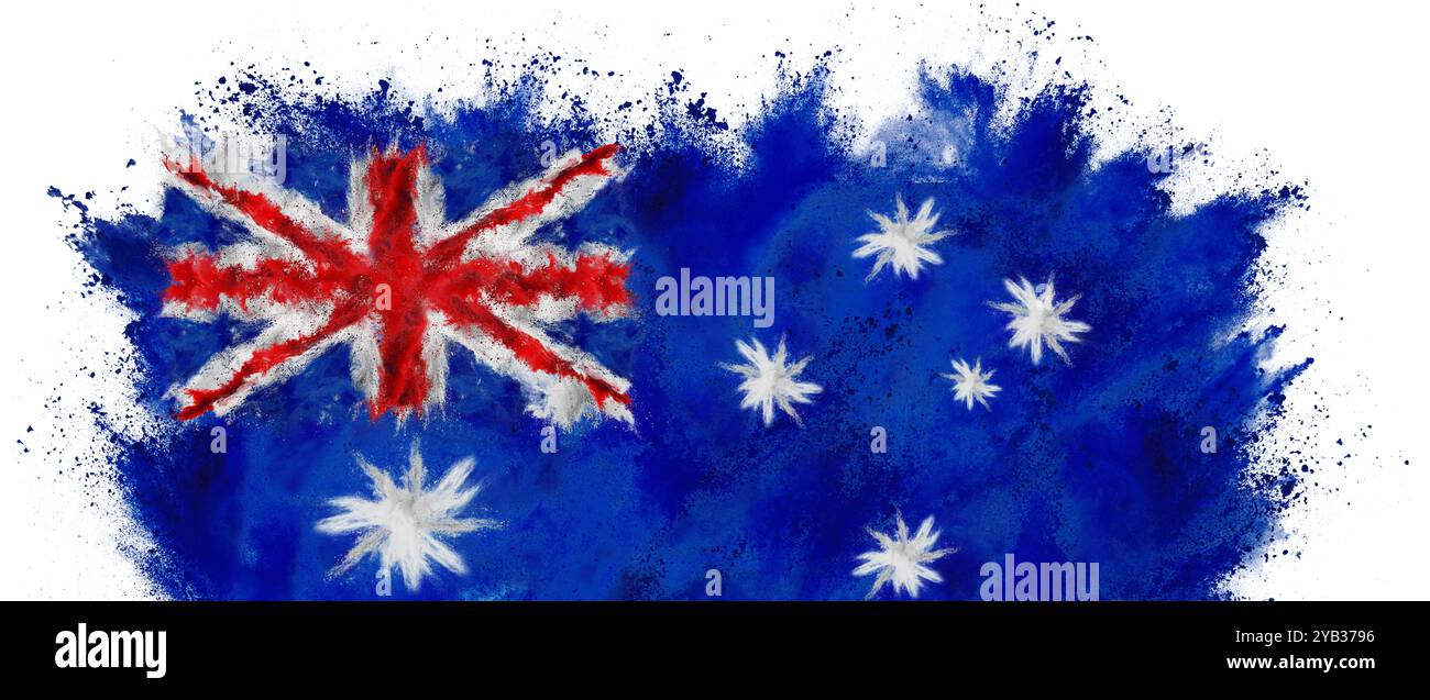 Bunte Flagge von australien mit weißen Sternen rot und blau Farbe holi Farbe Pulver Explosion isoliert auf weißem Hintergrund. australischer Nationalstaat ozeanien Stockfoto