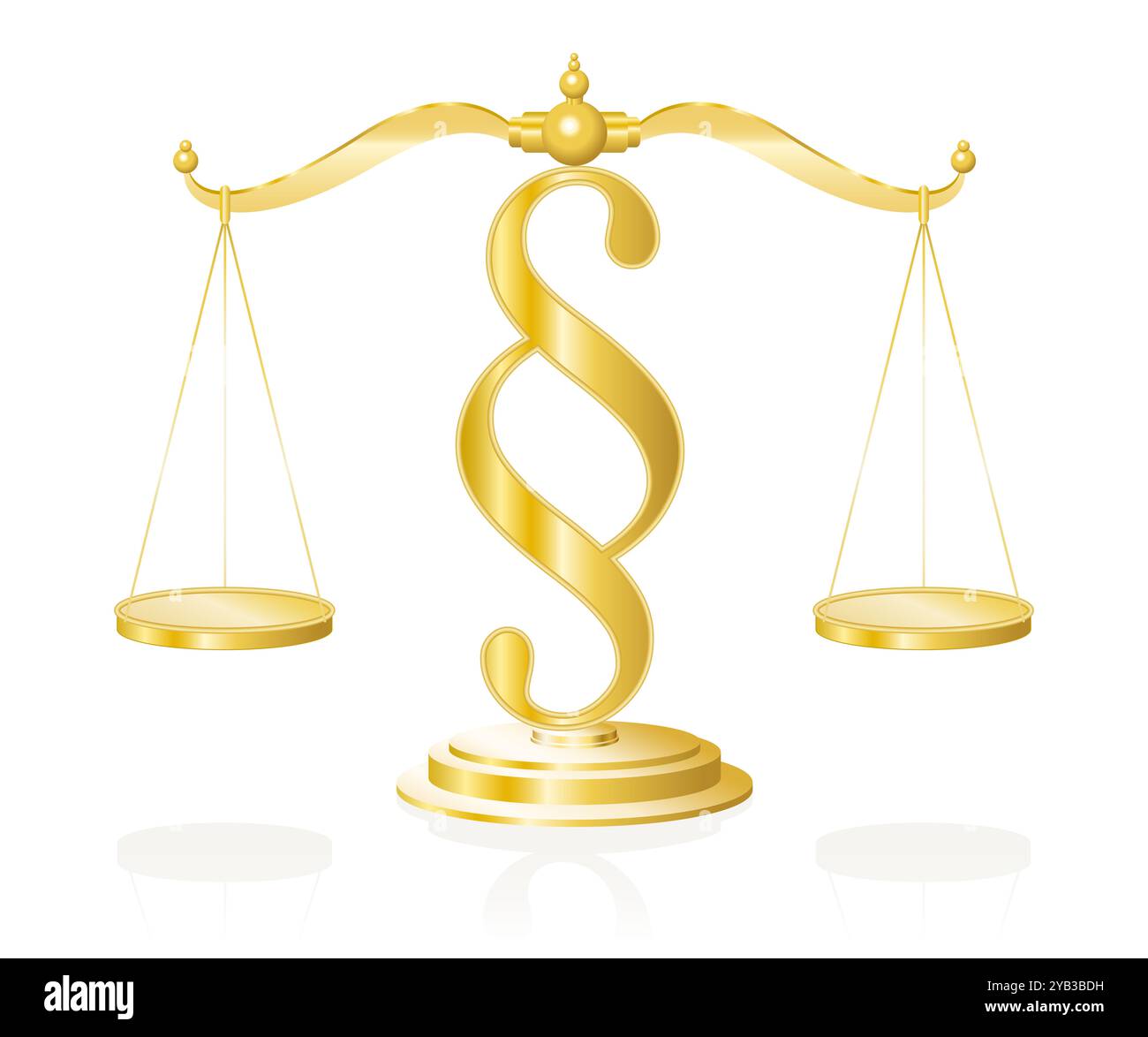 Goldene Maßstäbe der Gerechtigkeit, ein Symbol für die Unterstützung und Ablehnung eines Falls. Set aus zwei Skalen in Balance auf einem Absatzzeichen. Stockfoto