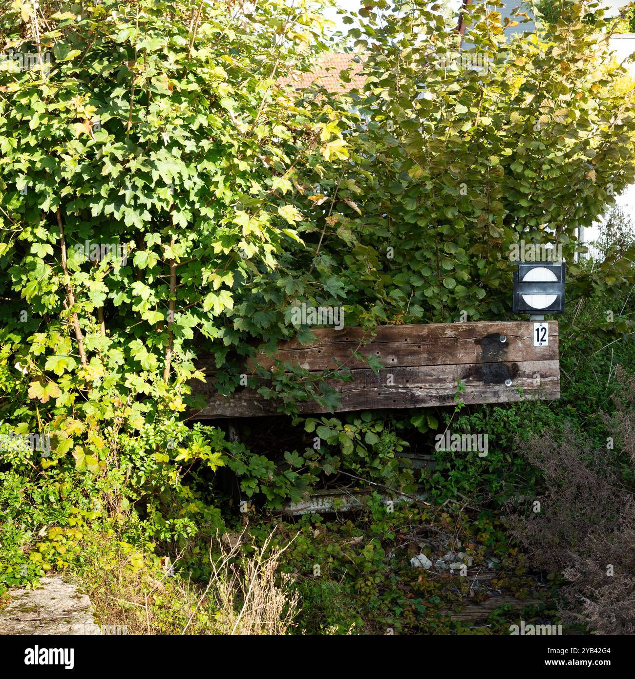 Das Ende eines Bahngleises ist mit einer Holzplanke als Puffersperre und einem Schild markiert und mit Sträuchern bewachsen. Stockfoto