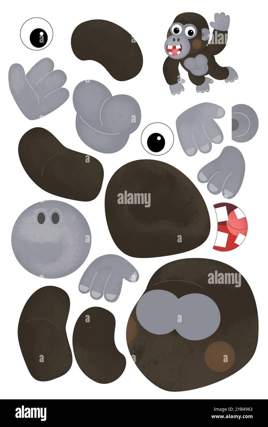 Zeichentrickszene mit Charakter Puzzle Ausschnitt pädagogische Übung Handarbeit mit Schere afrikanische Tier Affen Gorilla Illustration für Kinder cuto Stockfoto