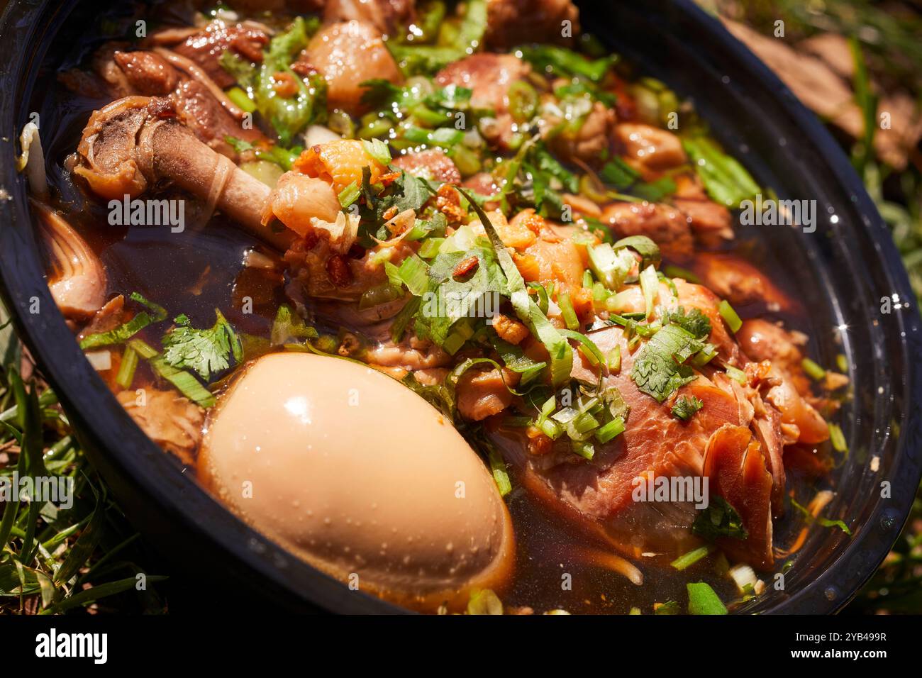 Thai-Nudeln mit Hühnchen und Ei in einer scharfen Brühe auf einem Thai Food Festival in Manassas, VA, USA Stockfoto