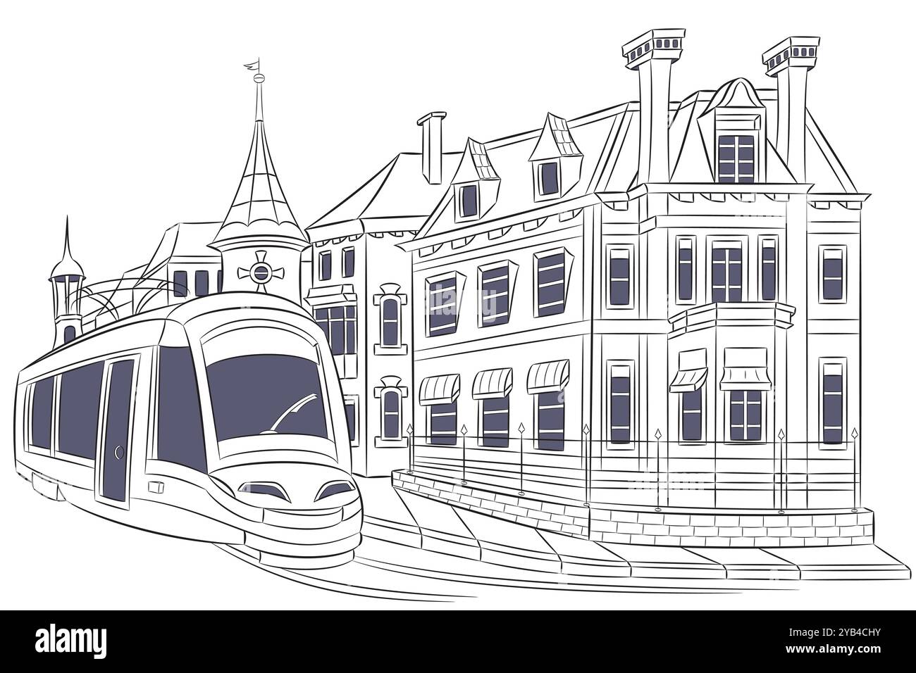 Schwarz-weiß-Zeichnung der Amsterdamer Straßenbahn auf einer Straße mit traditioneller Architektur, Niederlande Stock Vektor