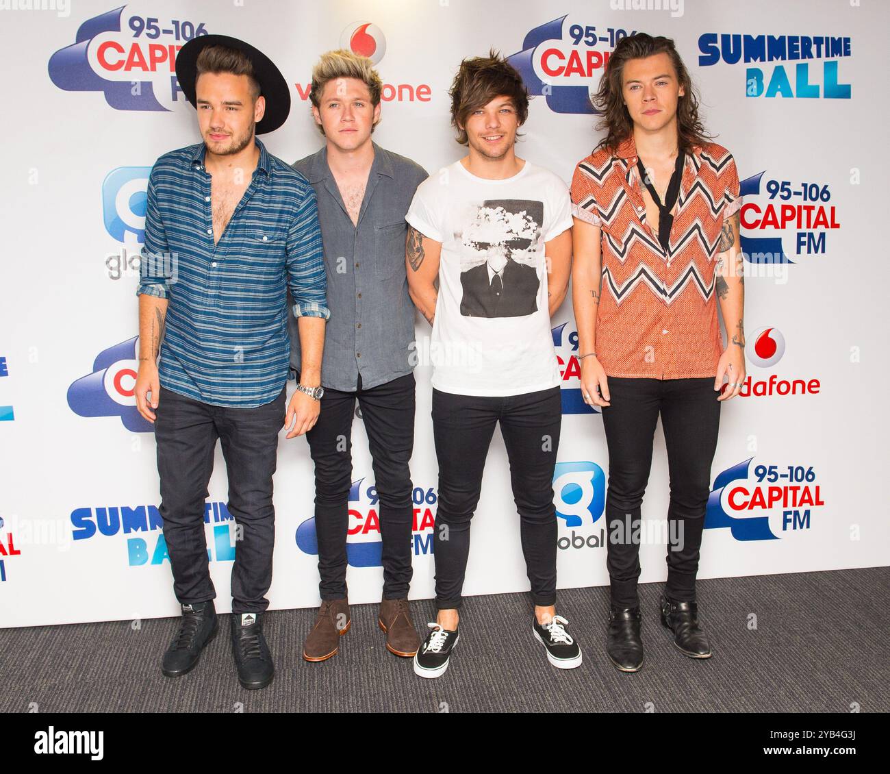 Aktenfoto vom 06/15 von One Direction (von links nach rechts) Liam Payne, Niall Horan, Louis Tomlinson und Harry Styles im Backstage des Capital FM Summertime Ball im Wembley Stadium, London. Liam Payne starb, nachdem er aus dem dritten Stock eines Hotels in Buenos Aires gestürzt war. Er war 31.Ausgabedatum: Samstag, 6. Juni 2015. Stockfoto