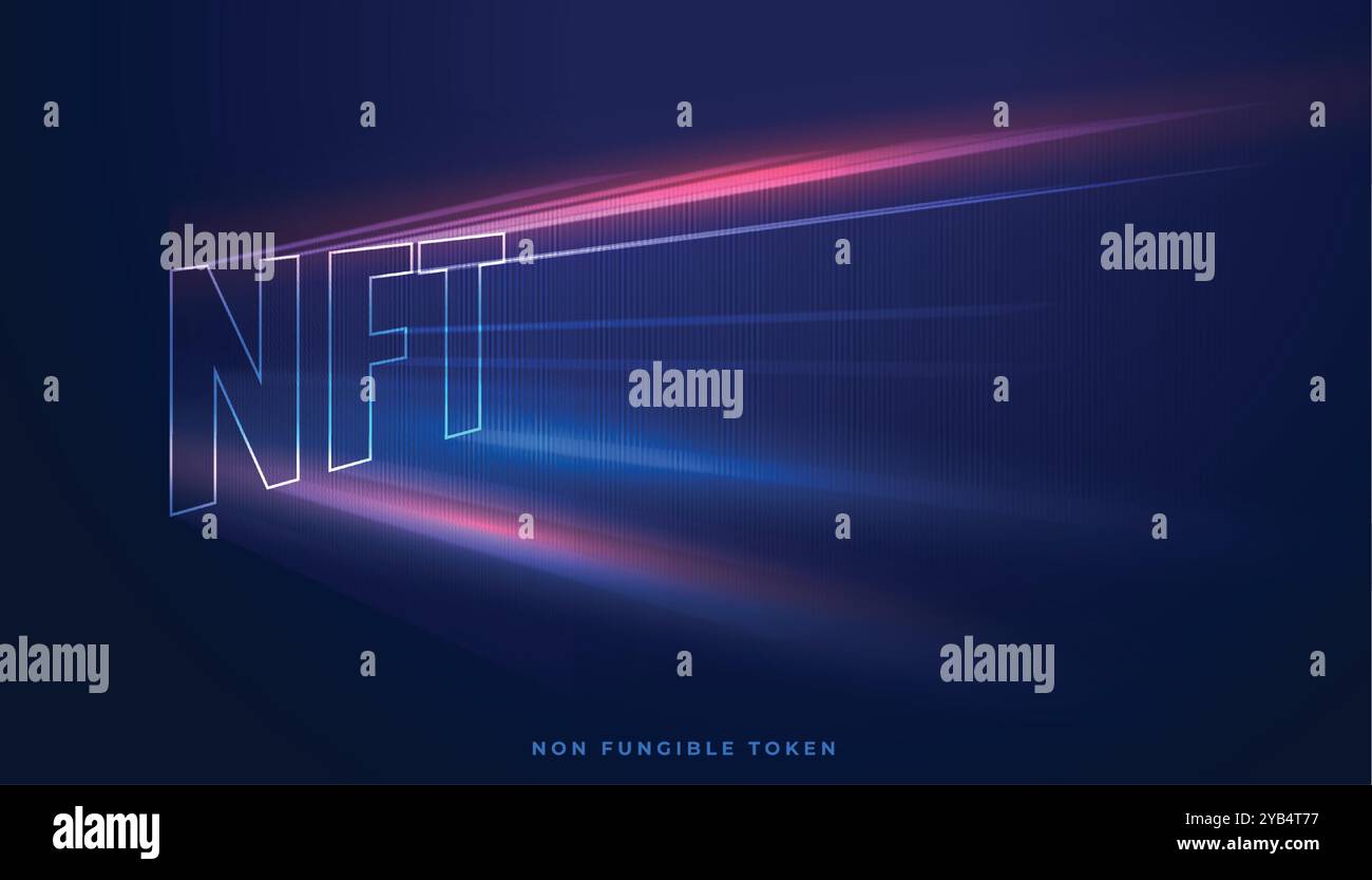 Nicht fungibler NFT-Token-Text mit Lichtstrahlen Stock Vektor
