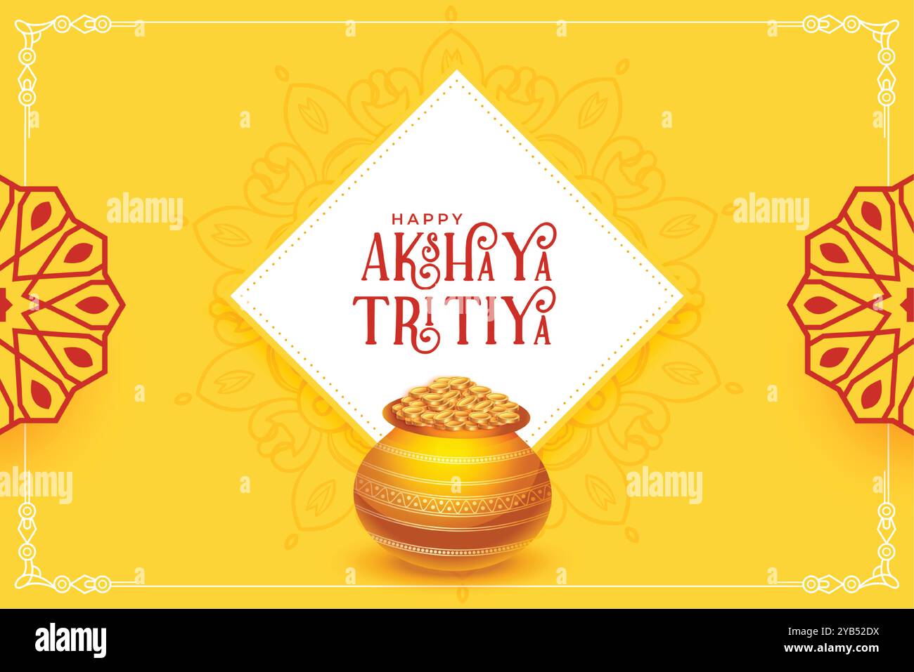 Akshaya tritiya gelben Gruß mit goldenen Münzen Topf Stock Vektor