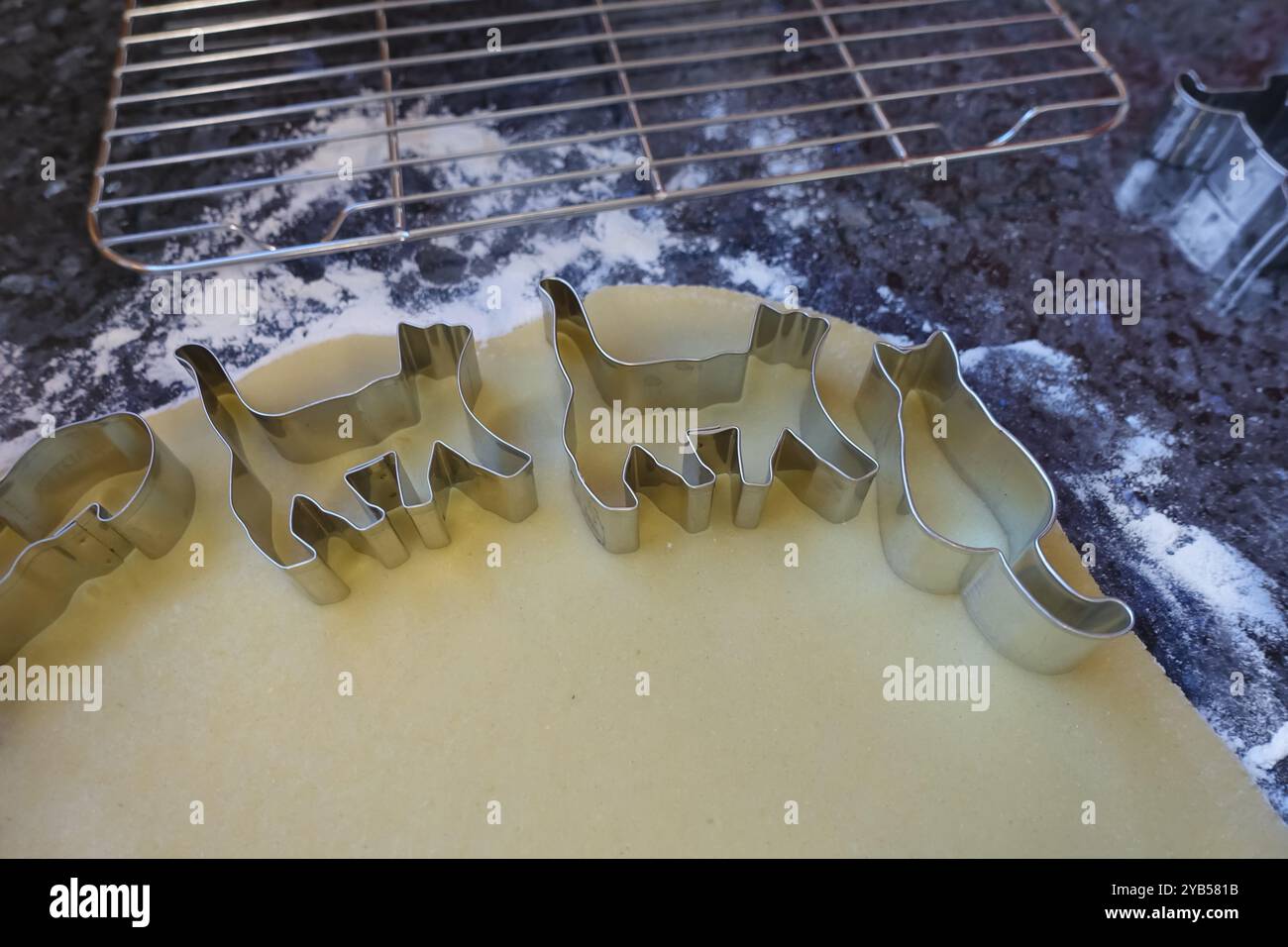 Schwäbische Küche, schwäbische Weihnachtsgebäck, Zubereitung von Keksschneidern, Shortbread Biscuits, Katzenfiguren, Ausschneiden von rohem Teig mit Formen, typisch Stockfoto