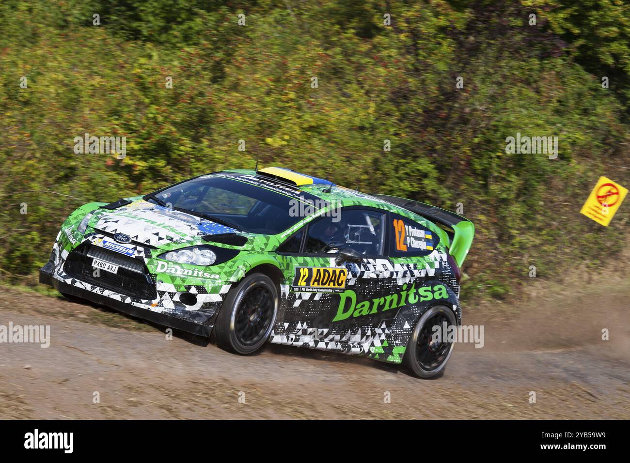 Yuriy Protasov und Pavlo Cherepin treten am 21. August 2014 in Trier, Germ, beim Shakedown der ADAC-Rallye Deutschland in ihrem Ford Fiesta RS WRC an Stockfoto