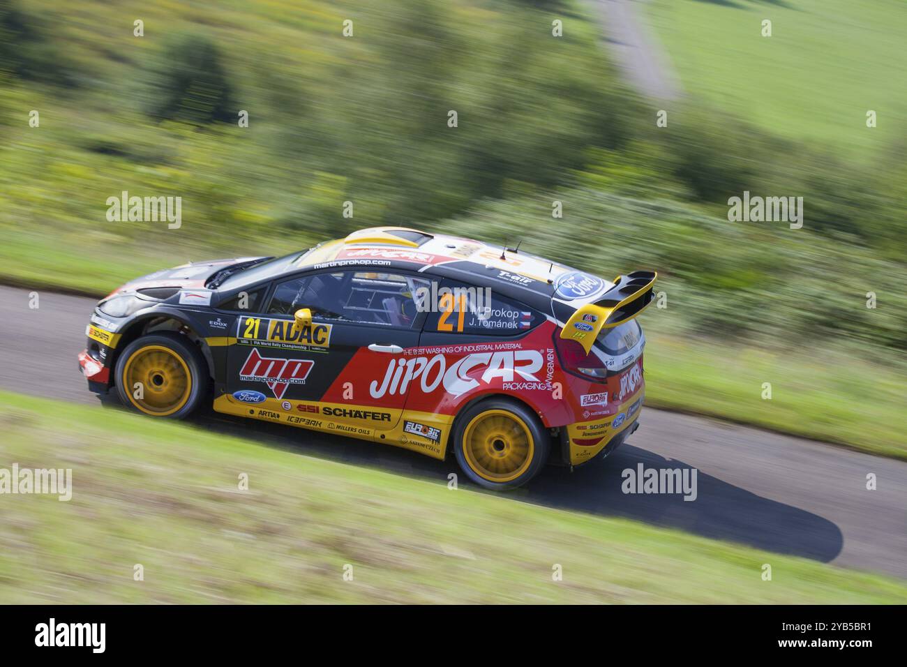 Martin Prokop und Jan Tomanek treten in ihrem Ford Fiesta RS WRC beim Shakedown der ADAC Rallye Deutschland am 21. August 2014 in Trier an Stockfoto