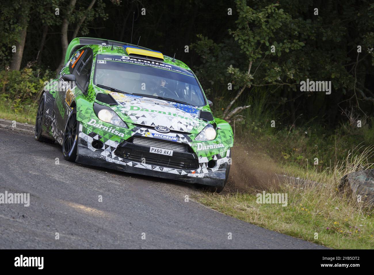 Yuriy Protasov und Pavlo Cherepin treten am 2. Tag der ADAC-Rallye Deutschland am 23. August 2014 in Trier in ihrem Ford Fiesta RS WRC an Stockfoto