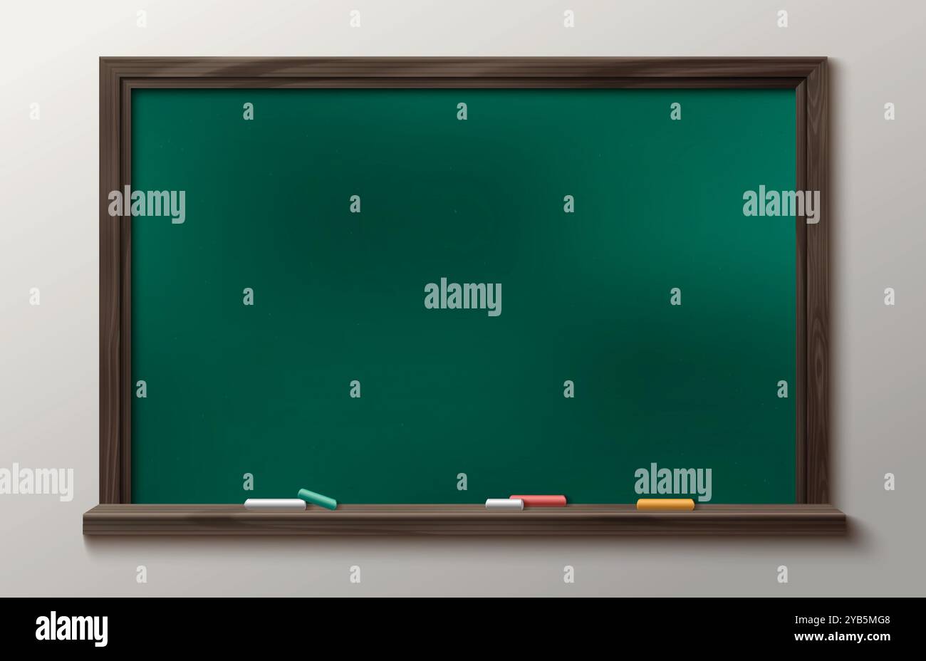 Schultafel isoliert auf Wandhintergrund. Vektor-realistische Illustration von brauner Tafel mit Stücken Kreide auf Regal, Büropräsentation oder Unterrichtsinnenelement, Bildungsausrüstung Stock Vektor
