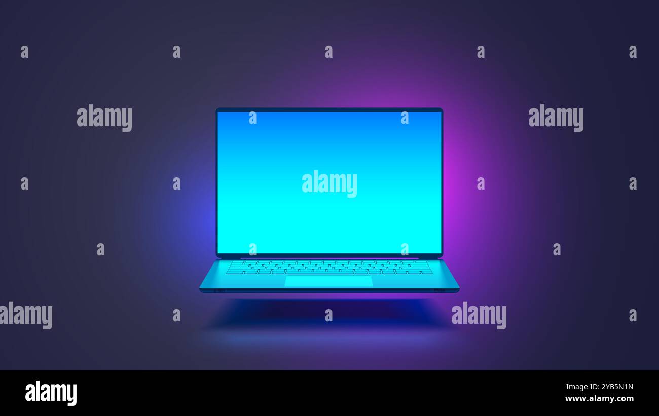 Laptop hängt Luft im Dunkeln. Vorderansicht des Notebook-Vektors. Gaming-Notebook-Mockup mit offenem Zyan-Bildschirm auf der Vorderseite. Vektorvorlage Notizbuch mit leerem Bildschirm und Hintergrundbeleuchtung. Stock Vektor