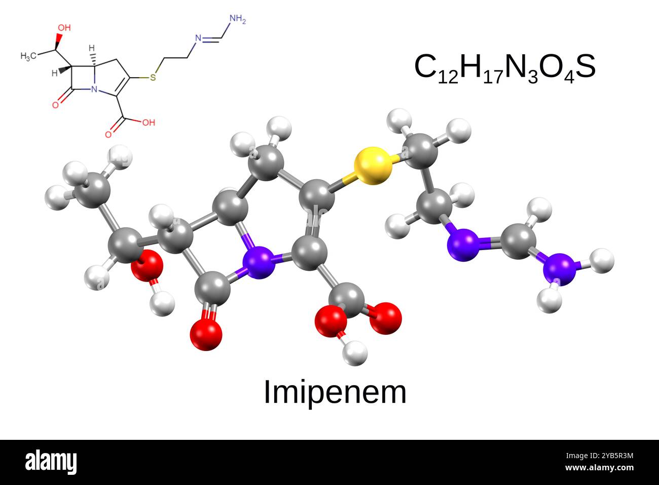 Chemische Formel, Strukturformel und 3D-Ball-and-Stick-Modell des Antibiotikums Imipenem, weißer Hintergrund Stockfoto