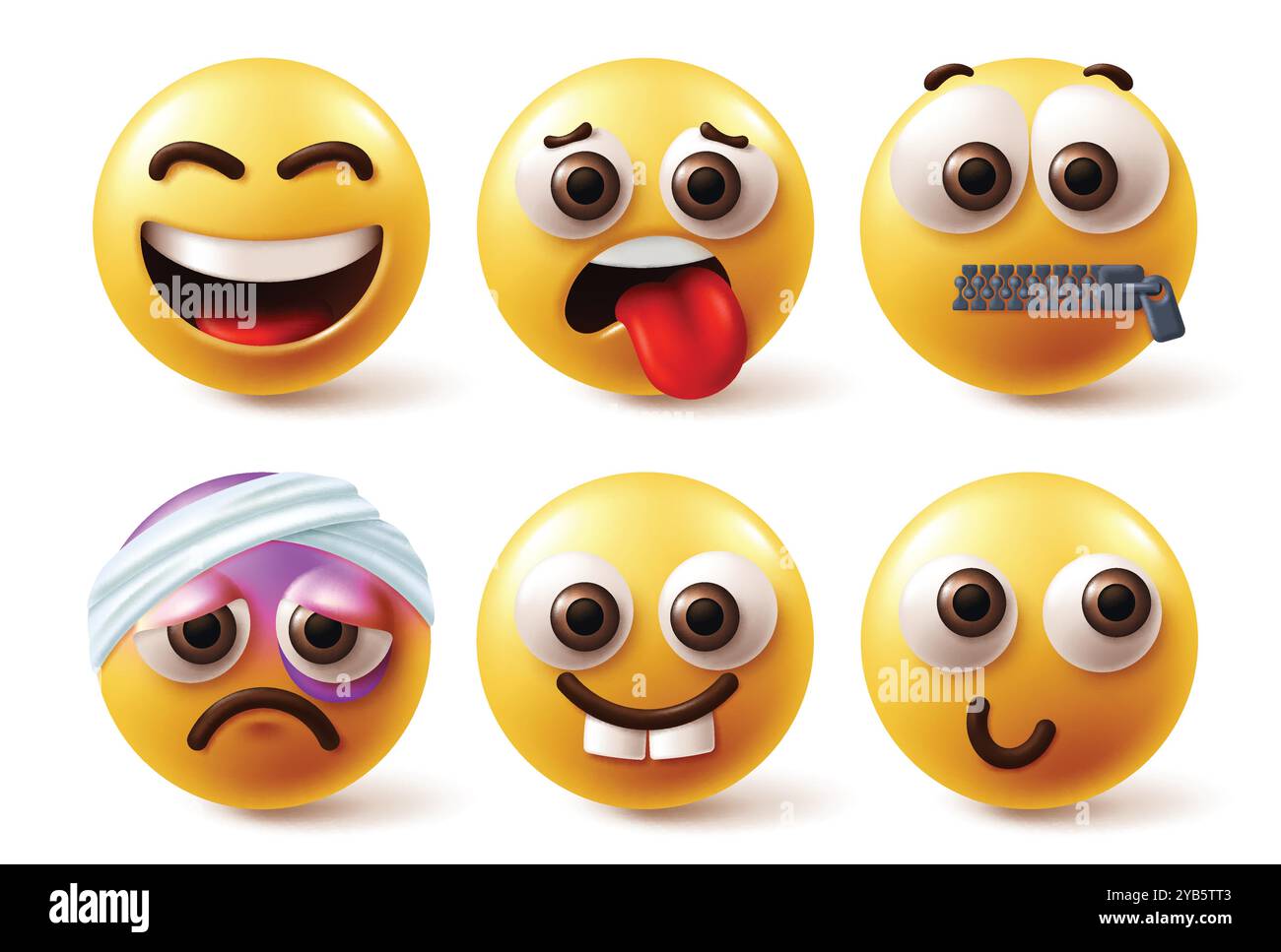 Emoji-Emoticon-Zeichenvektorsatz. Emoticon Emojis Gesichtsausdruck in glücklichen, hungrigen, stillen, verletzten, blauen Flecken und schüchternen Gesichtern und Stimmung Stock Vektor