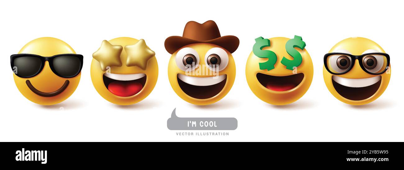 Emoji Cool Emoticon Charaktere Vektor Set. Emojis Emoticons Gesichtsausdruck in fröhlichen, lächelnden, lustigen, fröhlichen und lustigen Stimmungsreaktionen Stock Vektor