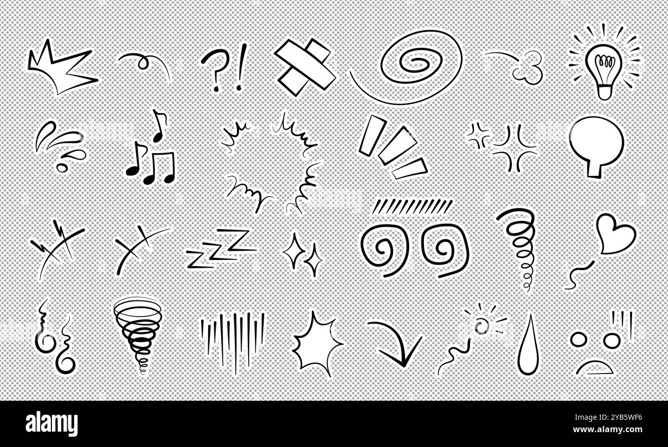 Manga oder Anime Comic Emoticon Element Grafik Effekte Hand gezeichnet Doodle Vektor Illustration Set. Stock Vektor