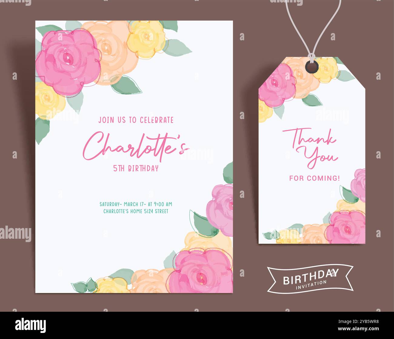 Geburtstagsblume Einladung Karte Vektor Vorlage Design. Geburtstagseinladung für Mädchen und Dankeskarte mit Wasserfarbe Blumen Dekoration. Stock Vektor