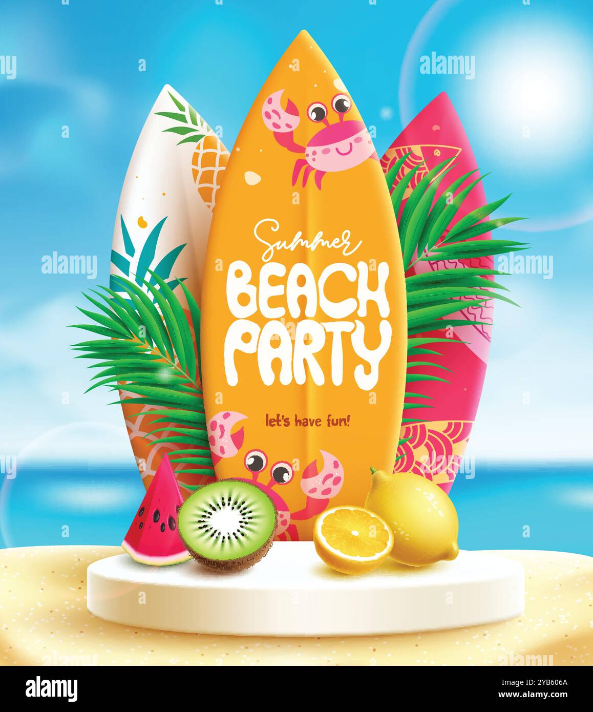 Sommer Beach Party Text Vektor Poster Design. Sommerparty mit Surfbrett und Elementen aus tropischen Früchten für saisonale Feiertage Stock Vektor